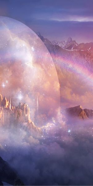 Enchanting mobile wallpaper featuring a fantasy castle, mountains, and a rainbow
