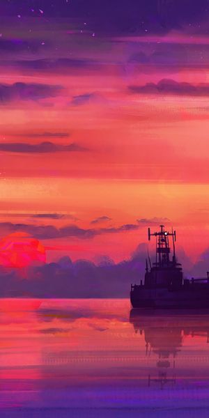 Phone wallpaper: Sunset, Clouds, Horizon, Sky, Sea, Ship, Art free download