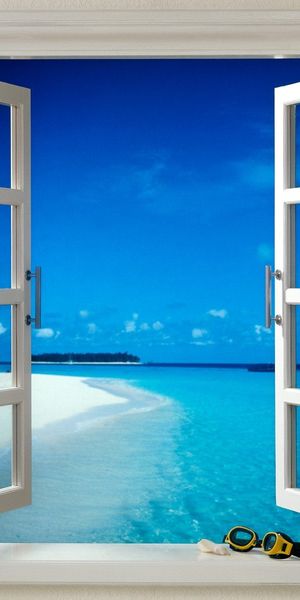 Breathtaking 4K Mobile Wallpaper: Ocean View Through a Window with Shells