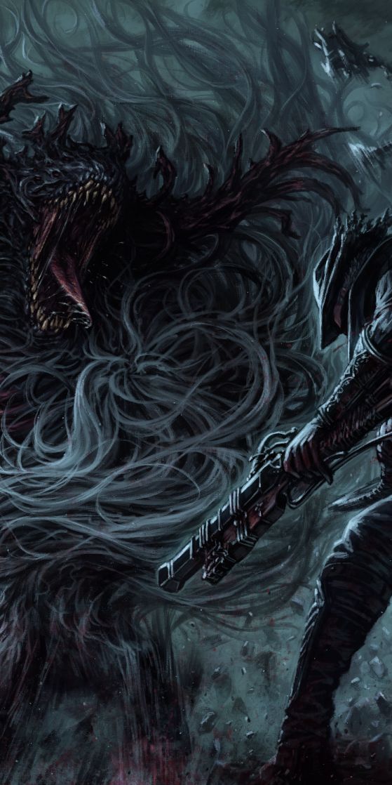 Dark and Gothic Bloodborne Wallpaper with a Monster and Hunter in Action