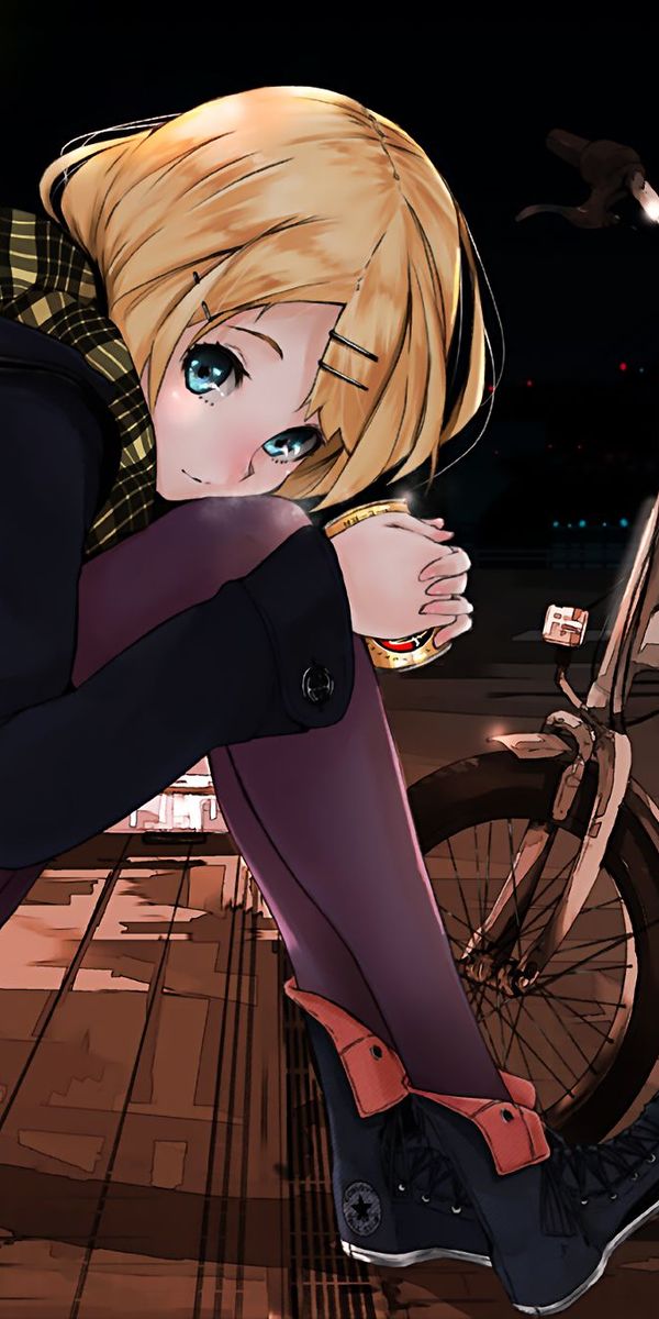 Phone wallpaper: Rin Kagamine, Bicycle, Pantyhose, Vocaloid, Blue Eyes, Scarf, Blonde, Night, Anime