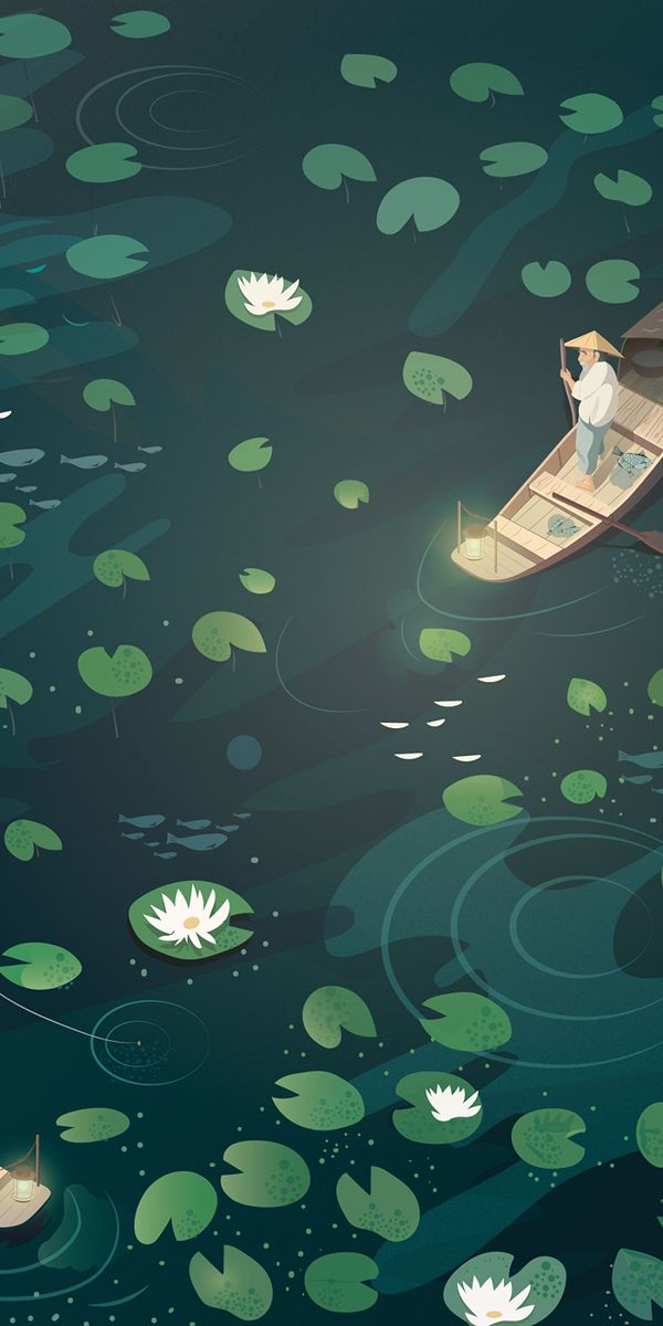 Serene Fisherman in a Boat Surrounded by Water Lilies