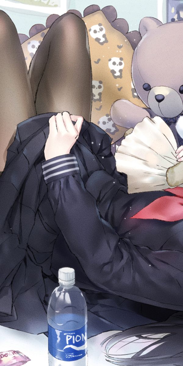 Phone wallpaper: Anime, Teddy Bear, Girl, Skirt, Black Hair, Long Hair, Pantyhose, Lying Down, Stuff