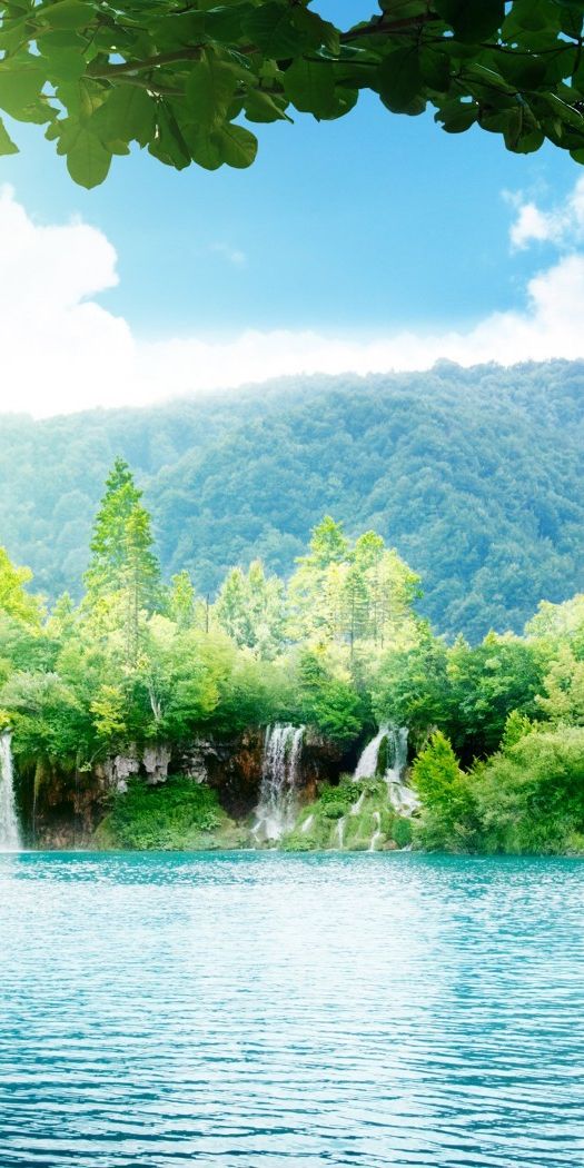 Phone wallpaper: Waterfalls, Trees, Lakes, Mountains, Landscape free download