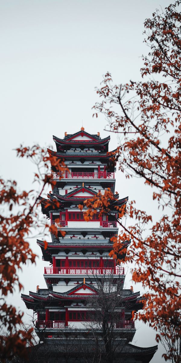 Beautiful mobile wallpaper featuring a temple pagoda surrounded by trees