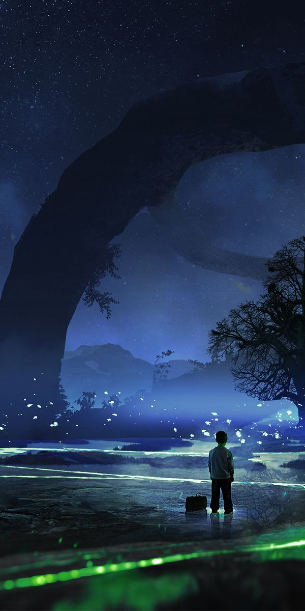 Phone wallpaper: Landscape, Fantasy, Stars, Night, Tree, Child free download