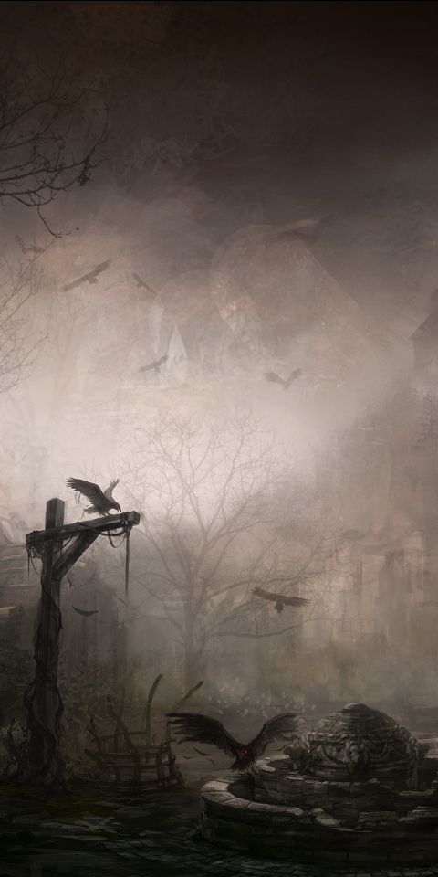 Gothic Fantasy Scene with Dark Town and Ravens from Diablo III