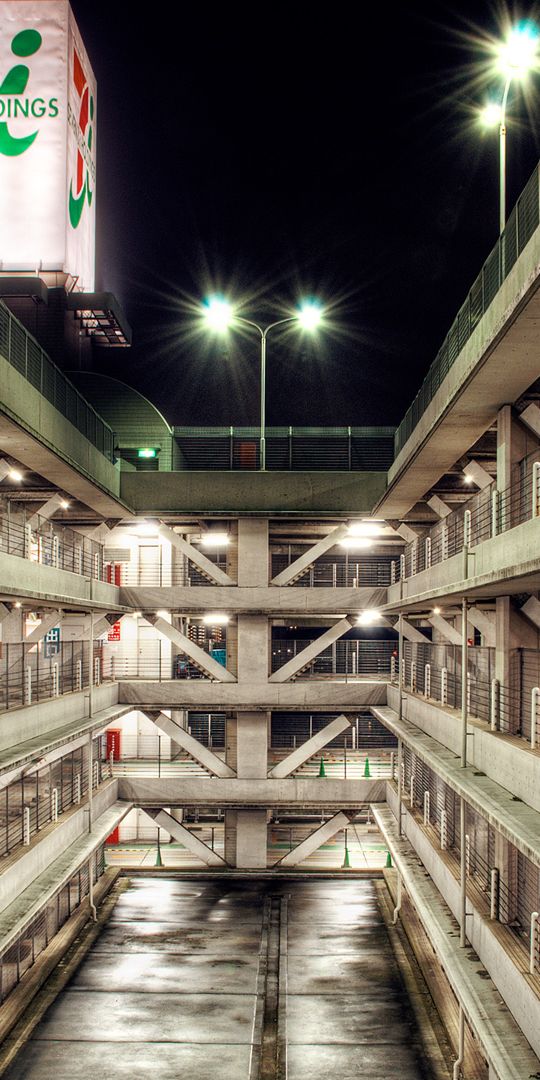 Phone wallpaper: Parking Garage, Parking Lot, Concrete, Sign, Building, Light, Man Made, Night free