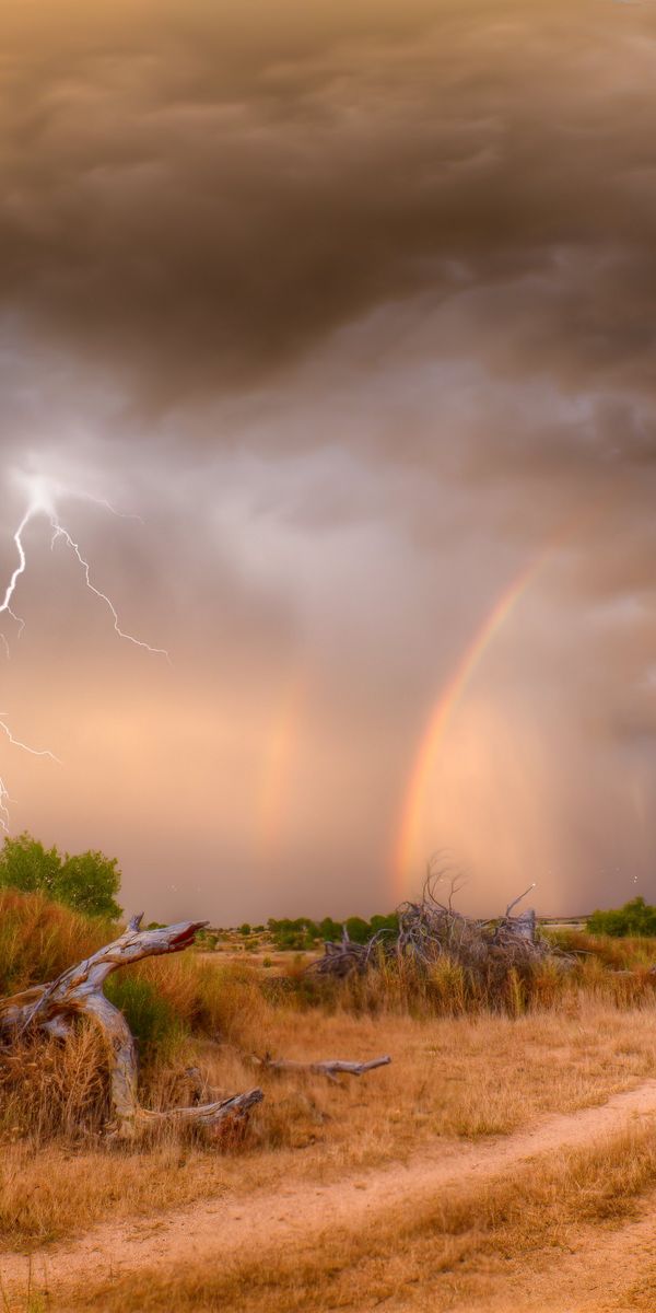 Breathtaking 4K phone wallpaper of a stormy field with rainbow and lightning