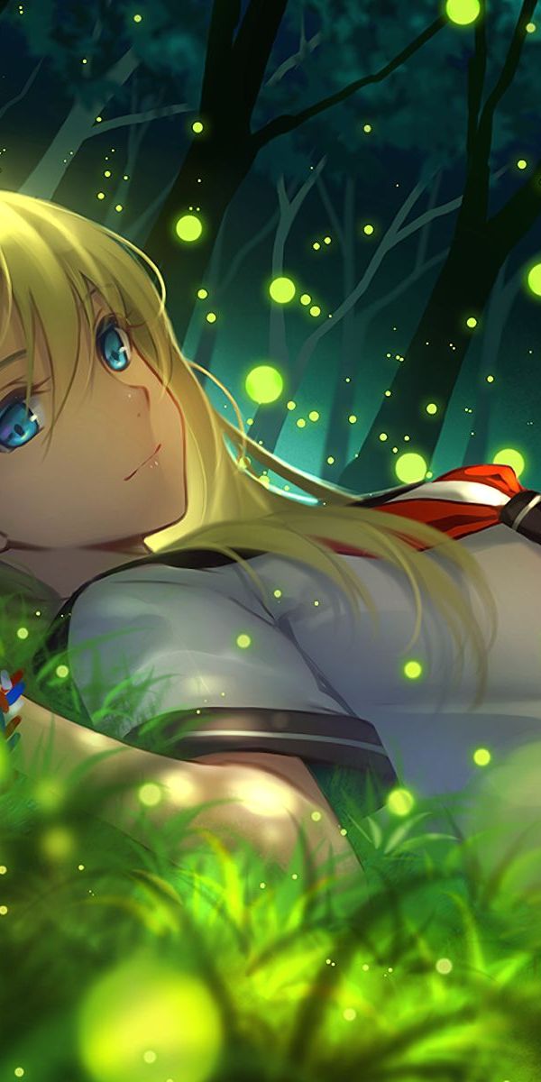Enchanting Anime Girl Surrounded by Fireflies in a Lush Forest