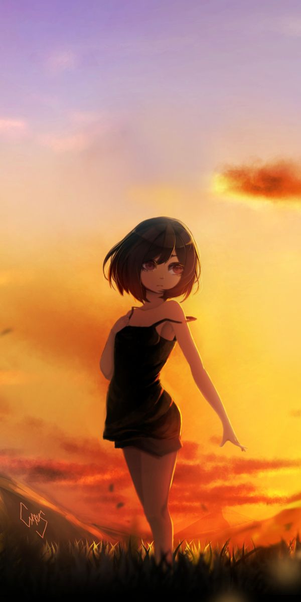 Phone wallpaper: Anime, Sunset, Evening, Original, Red Eyes, Black Hair, Short Hair free download