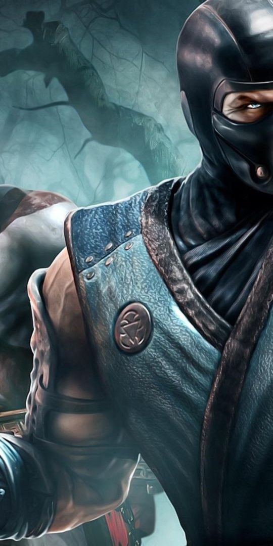 Dynamic phone wallpaper featuring Sub Zero and Kratos in a night setting