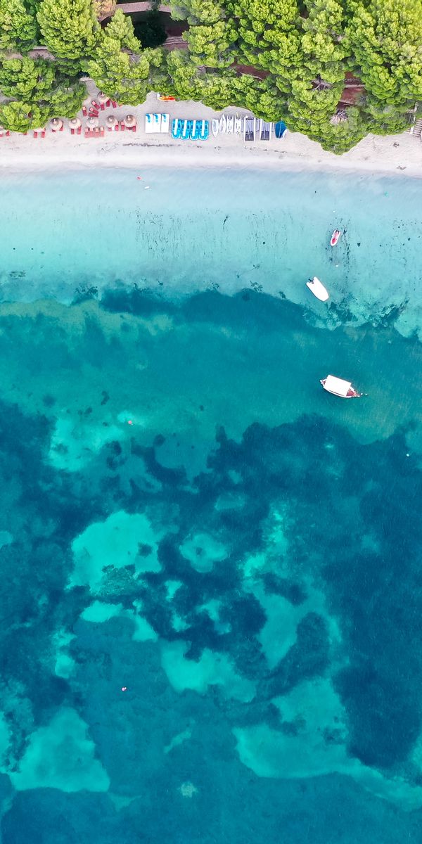 Aerial Beach View: Crystal Clear Waters and Lush Coastline