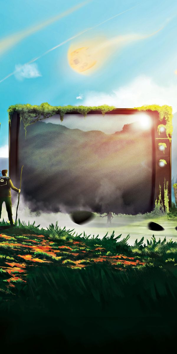 Surreal Landscape Featuring a Television Set Amidst Cosmic Wonders