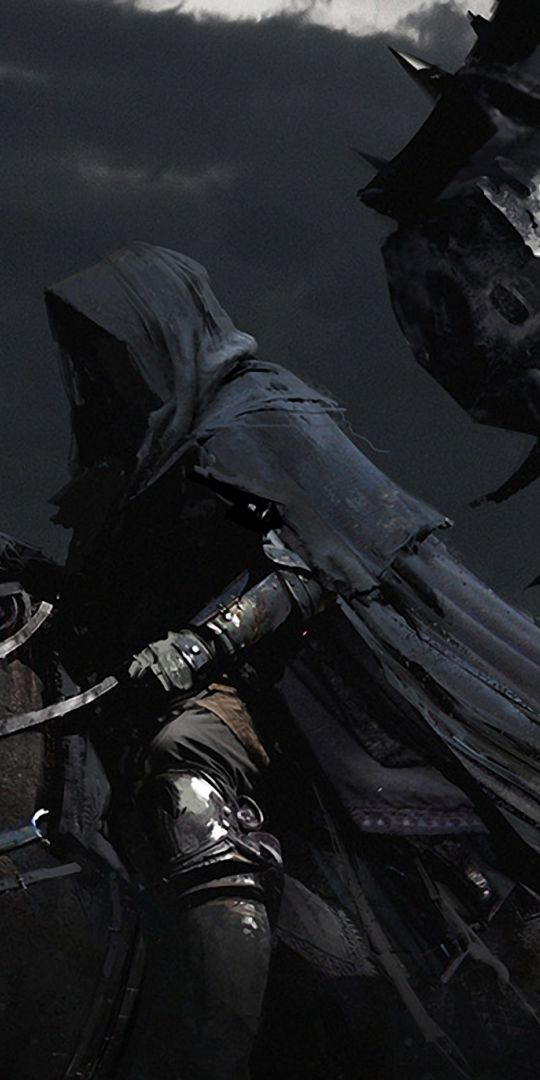 Dark Fantasy Scene with Black Horses and Mysterious Rider