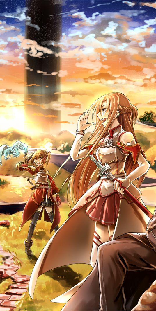 Epic Sword Art Online wallpaper featuring Asuna Yuuki and Kirito at sunset