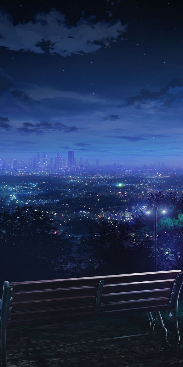 Anime Night Cityscape with Bench and Street Lights