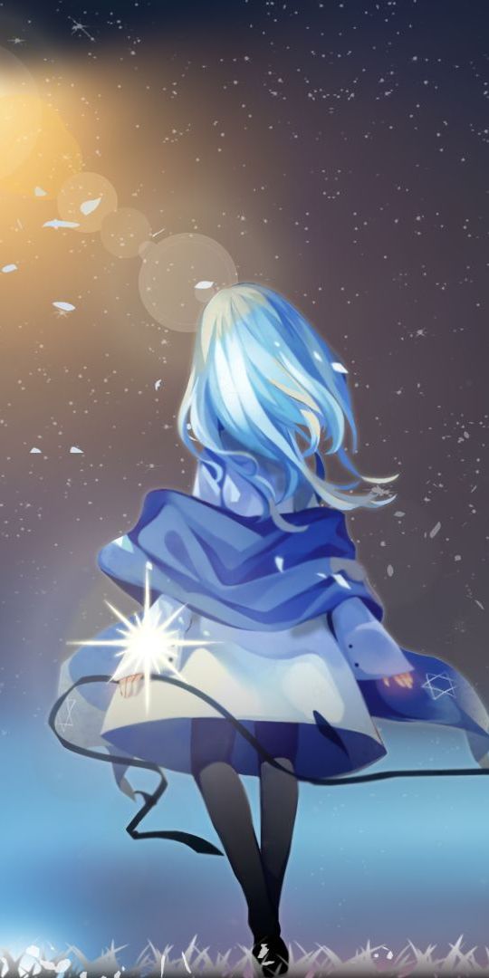 Phone wallpaper: Anime, Night, Light, Girl, Blue Hair free download