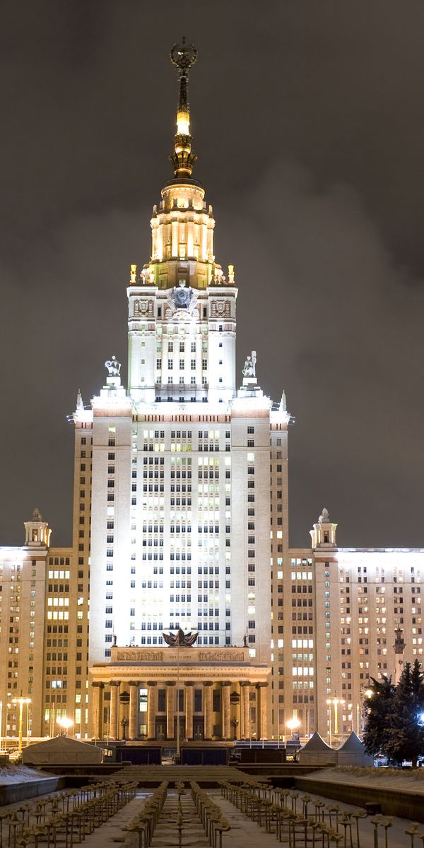 Phone wallpaper: University, Moscow, Russia, Building, Cities, Light, Man Made, Night free download