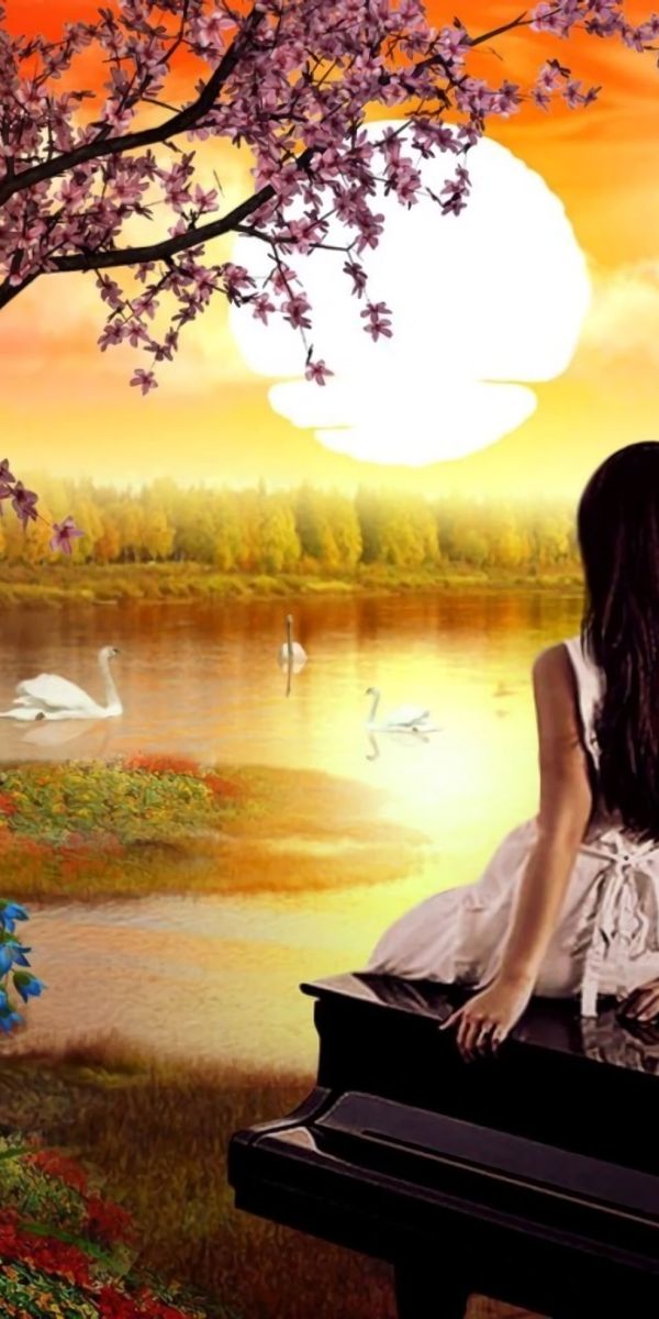 Romantic Sunset Pond with Lovers and Beautiful Flowers