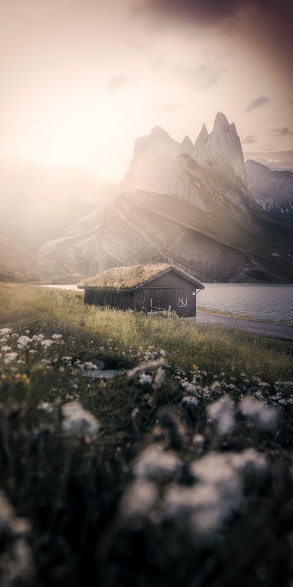 Phone wallpaper: Small House, Nature, Grass, Fog, Mountains, Lodge, Lake free download