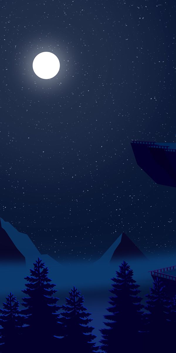 Enchanting Night Forest with Mountains and Full Moon Wallpaper