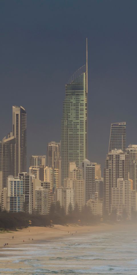Breathtaking Gold Coast Morning: Waves, City, and Fog - iPhone Wallpaper