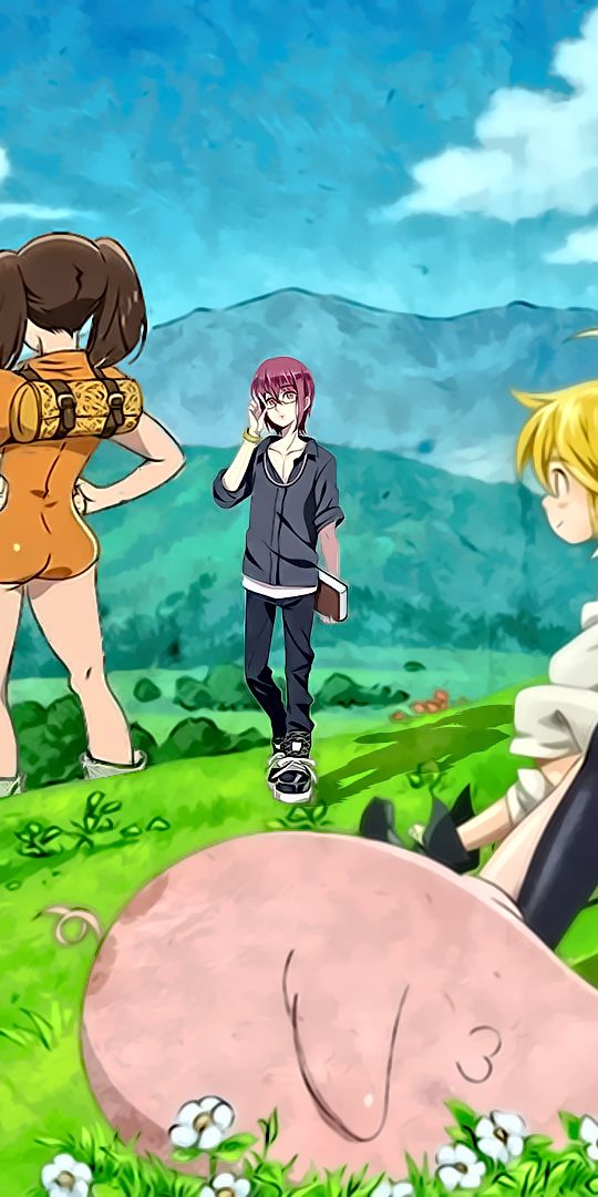 Phone wallpaper: Anime, Nature, Grass, Mountain, Tree, Smile, Pillow, Blonde, Glasses, Pig, Skirt, P
