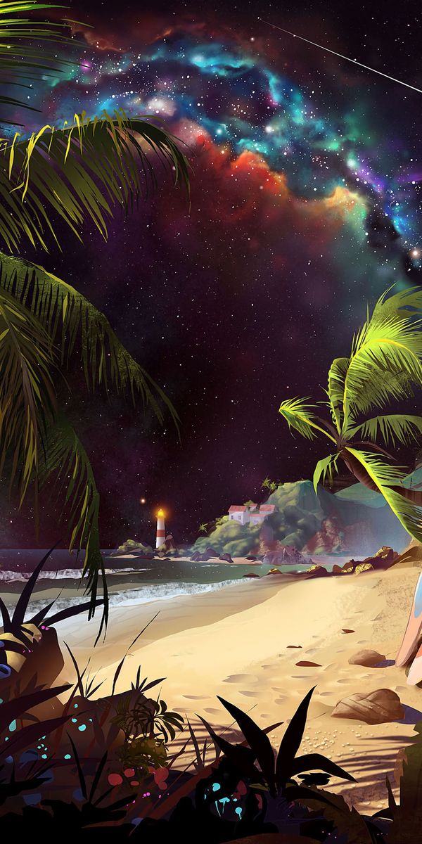 A Beautiful Starry Sky Over a Beach with a Lighthouse and Palm Trees
