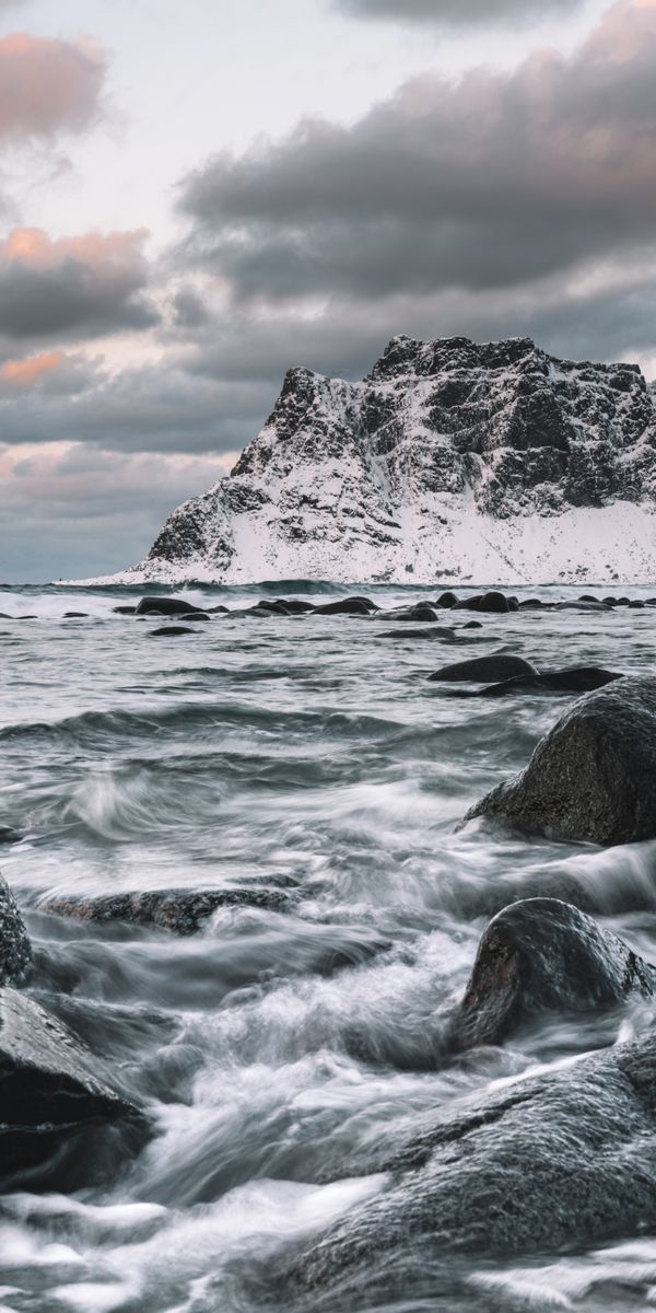 Phone wallpaper: Snow, Rock, Bank, Shore, Stones, Waves, Nature free download