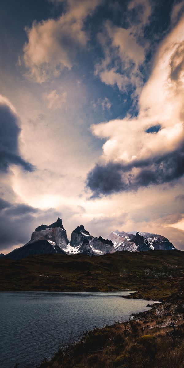 Phone wallpaper: Clouds, Overcast, Mainly Cloudy, Grass, Nature, Dusk, Twilight, Lake, Mountains fre