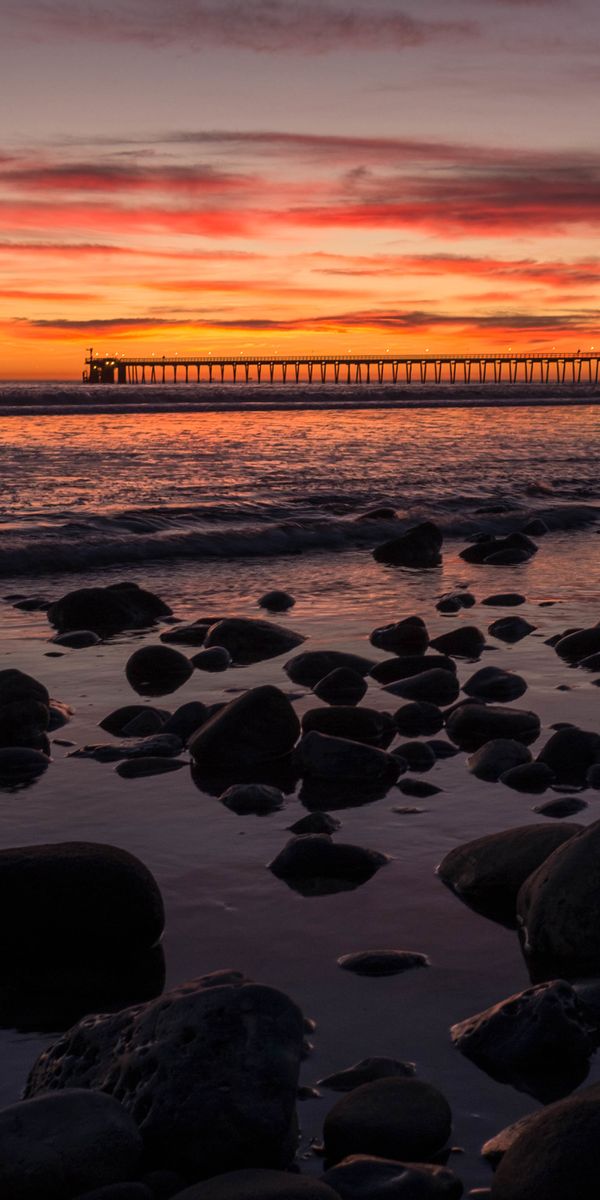 Phone wallpaper: Sunset, Bridge, Horizon, Sea, Nature, Stones free download