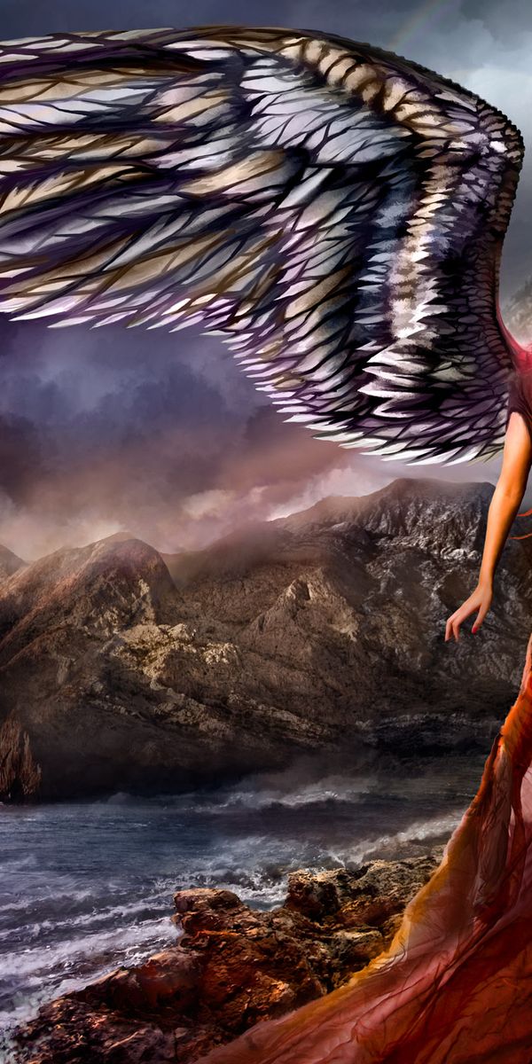 Enchanting High-Quality Phone Wallpaper Featuring a Red-Haired Angel in a Fantasy Landscape