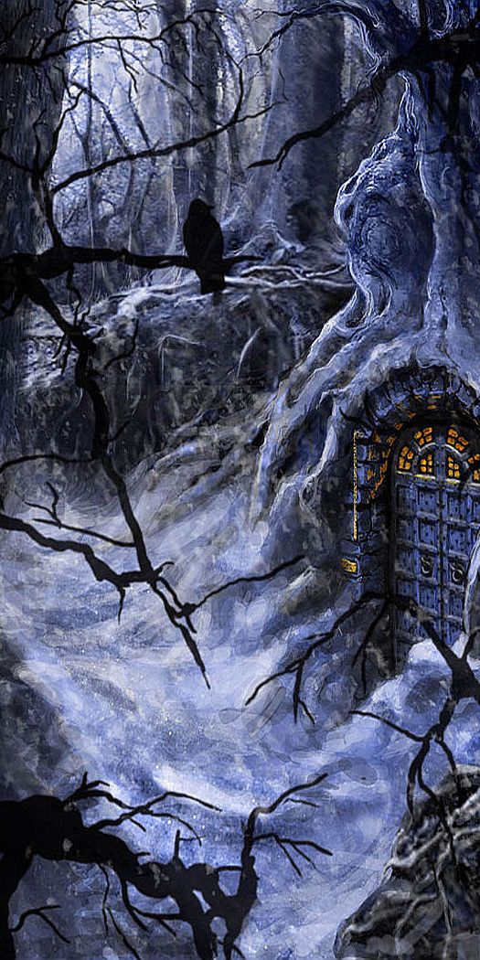 Mystical Door in a Snowy Fantasy Forest