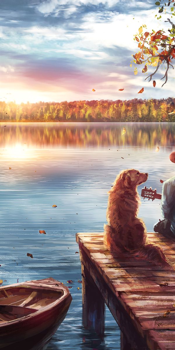 Beautiful Autumn Evening with Dog and Guitar by the Lake