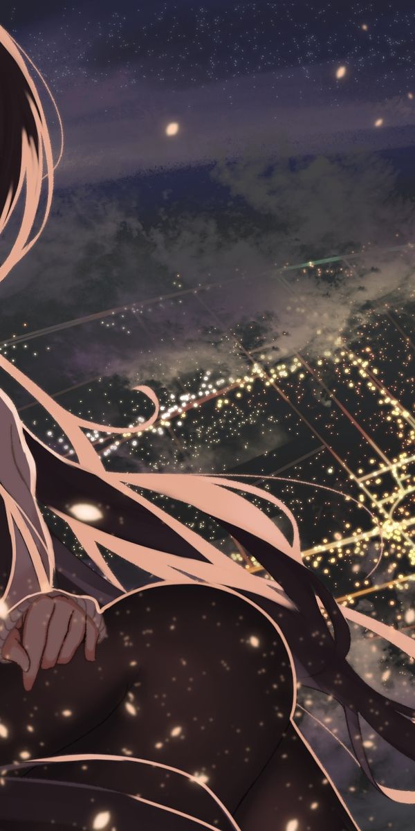 Phone wallpaper: Anime, Night, City, Smile, Brunette, Blue Eyes, Original, Glitter, School Uniform,