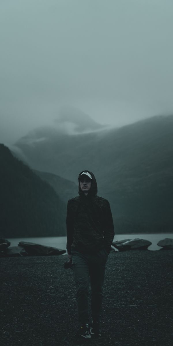 Phone wallpaper: Fog, Miscellaneous, Miscellanea, Person, Mountains, Human, Gloomy, Beach free downl