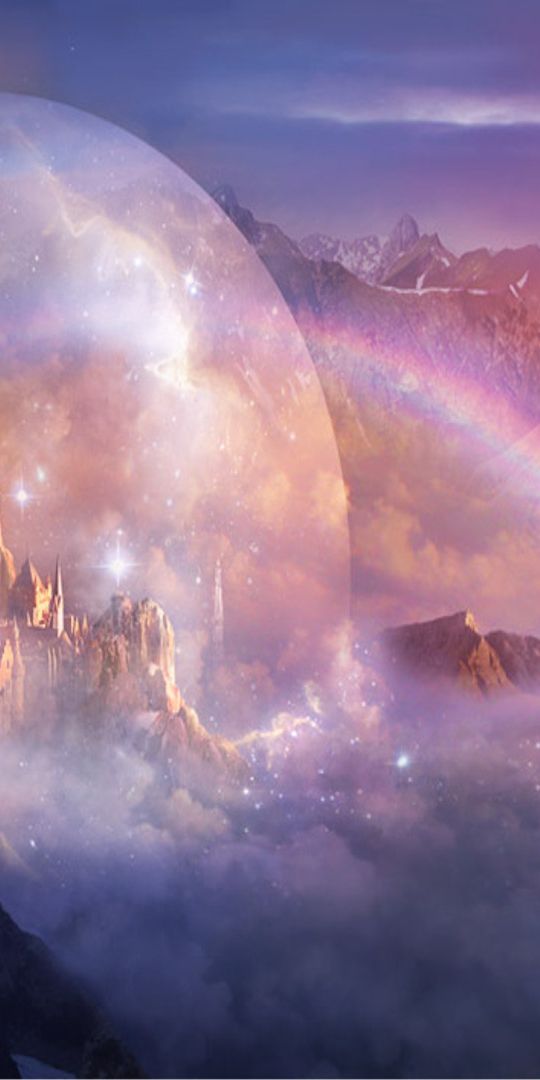 Enchanting mobile wallpaper featuring a fantasy castle, mountains, and a rainbow