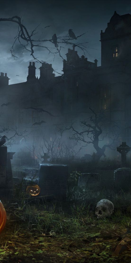 Eerie Halloween Graveyard Phone Wallpaper Featuring Jack O' Lanterns