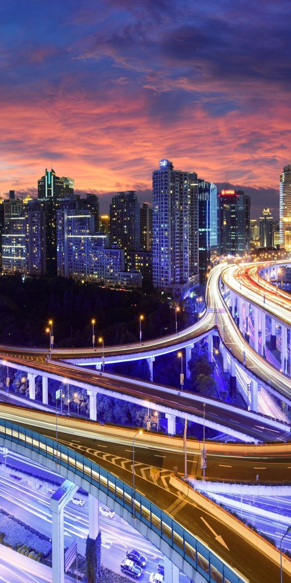 Phone wallpaper: Shanghai, China, Cities, Man Made, Road, Night, Sunset free download