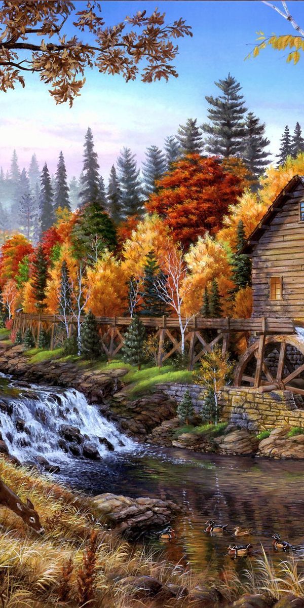 Beautiful Watermill Landscape Featuring Deer in Autumn