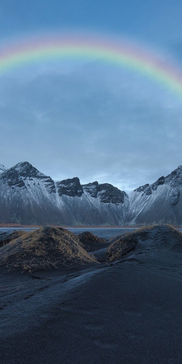 Breathtaking Vestrahorn Mountain Wallpaper: Rainbow Over Icelandic Beach