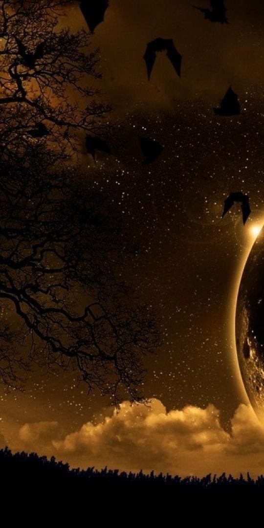 Dark Fantasy Landscape with Enormous Moon and Silhouetted Trees