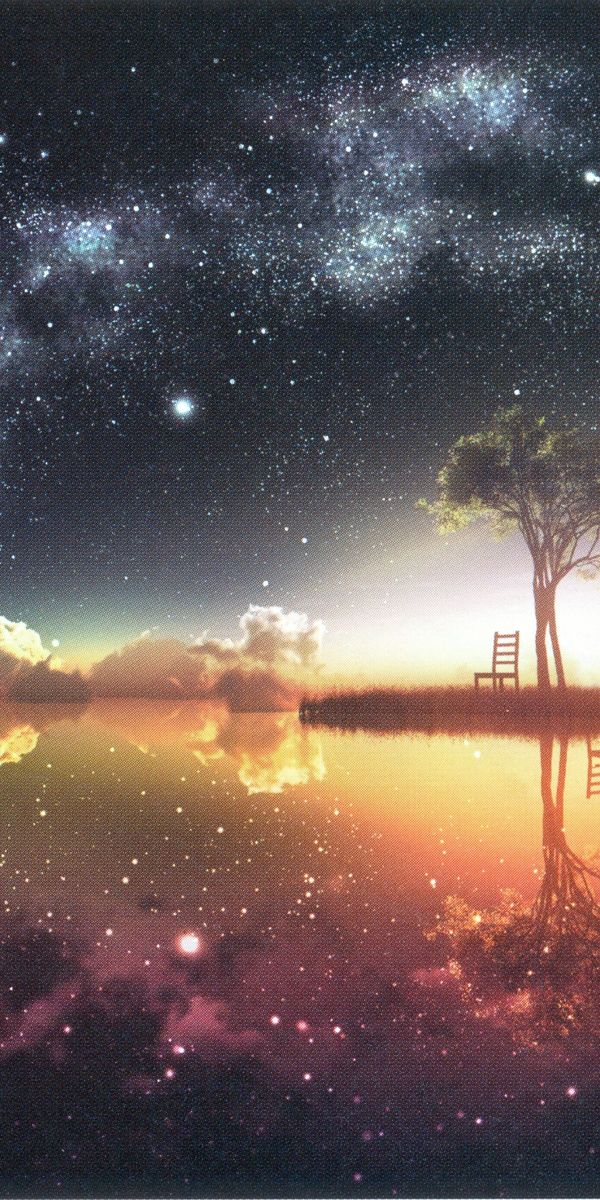 Enchanting Anime Landscape Featuring a Tree and Cosmic Reflection