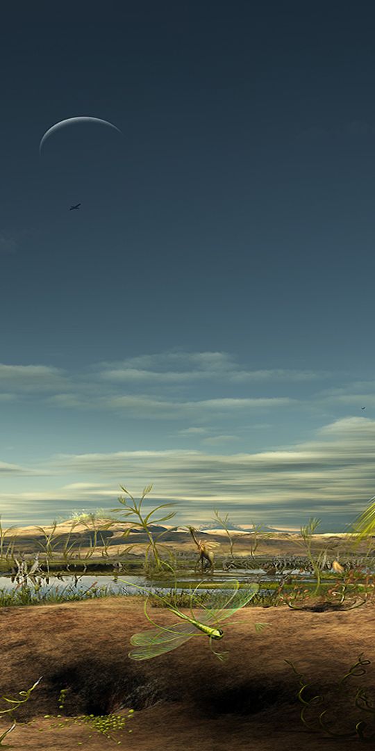 Prehistoric Landscape Featuring Pterodactyl and Artistic Flora