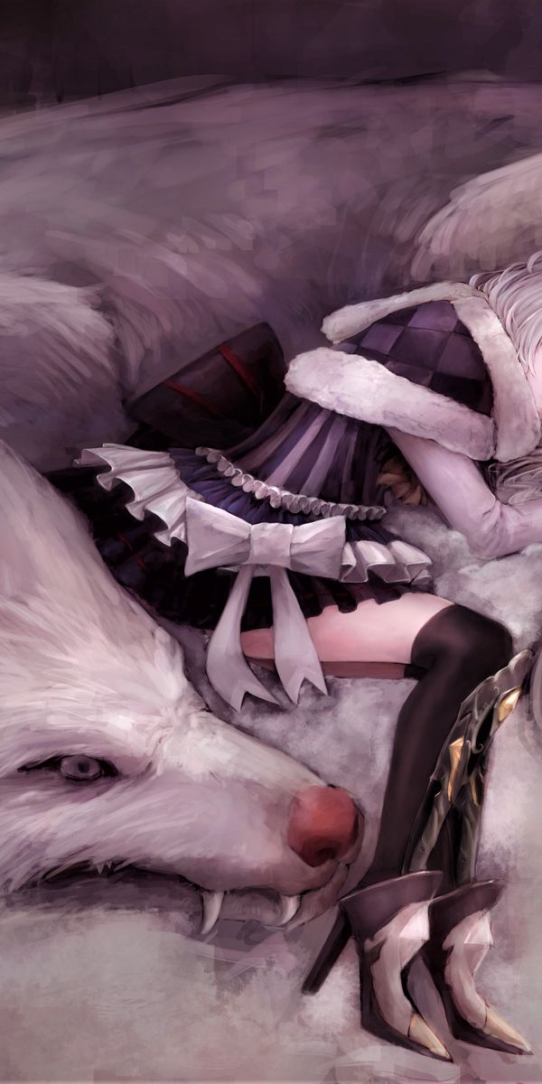 Phone wallpaper: Anime, Wolf, Girl, Fangs, Resting, White Hair, Bow (Clothing) free download