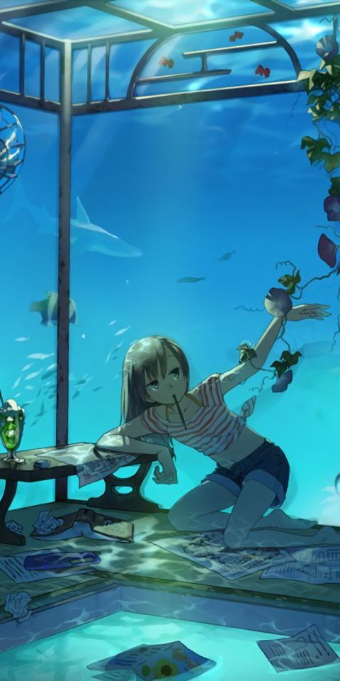 Phone wallpaper: Anime, Water, Girl, Fish, Underwater free download