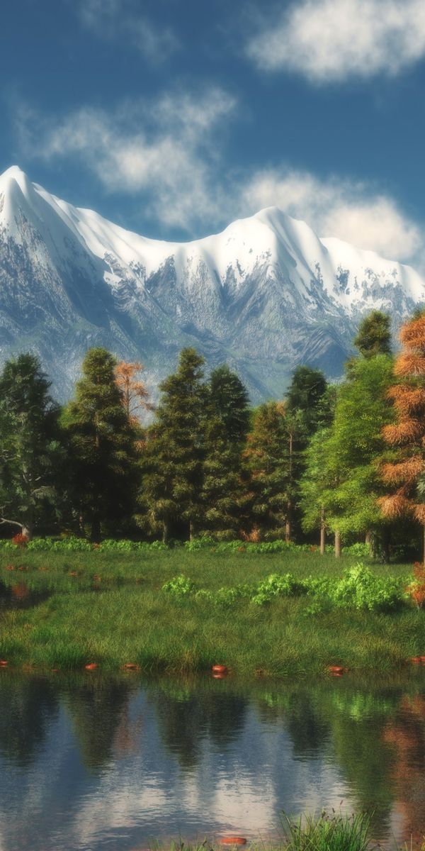 Majestic mountain wallpaper featuring lush greenery and tranquil waters