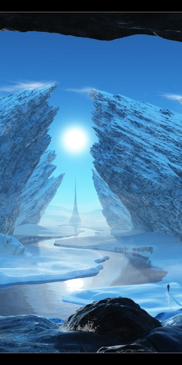 Enchanting Ice Cave Winter Landscape with a Serene Stream