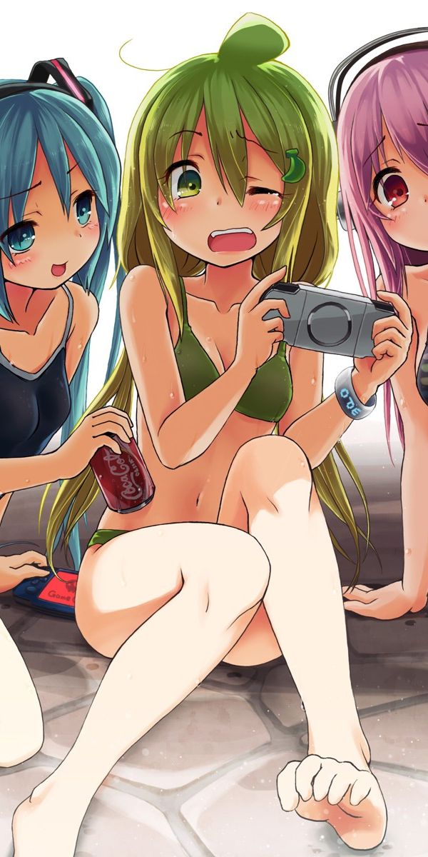 Vibrant 4K Phone Wallpaper Featuring Vocaloid Characters in Swimsuits